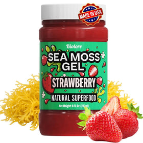 Biolore Sea Moss Gel Strawberry jar showing real fruit flavor and sea moss texture.