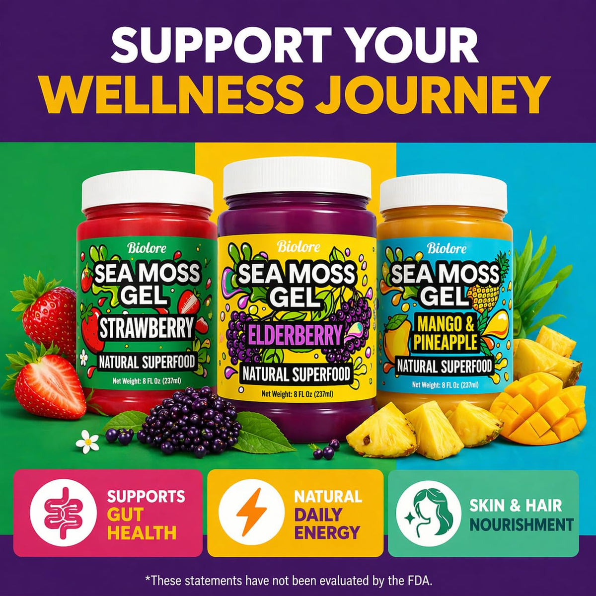 Biolore Strawberry gel jar blends real fruit purée and sea moss.