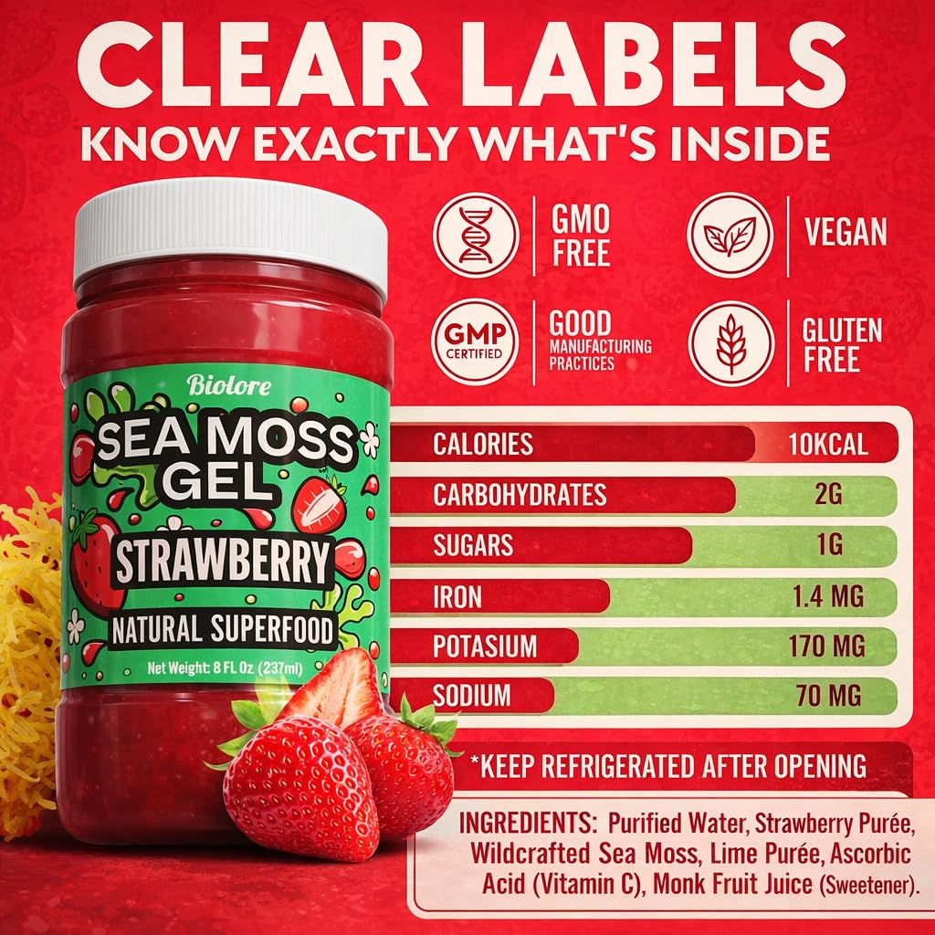 Biolore Sea Moss Gel Strawberry label highlights wildcrafted origin and ingredients.