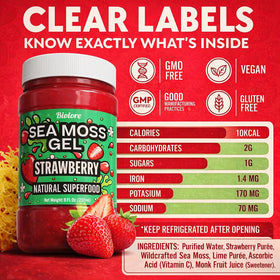 Biolore Sea Moss Gel Strawberry label highlights wildcrafted origin and ingredients.
