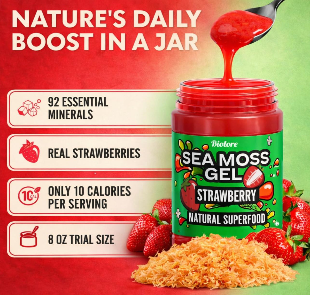 Biolore Sea Moss Gel Strawberry pour demonstrates convenient spoon-to-jar experience.