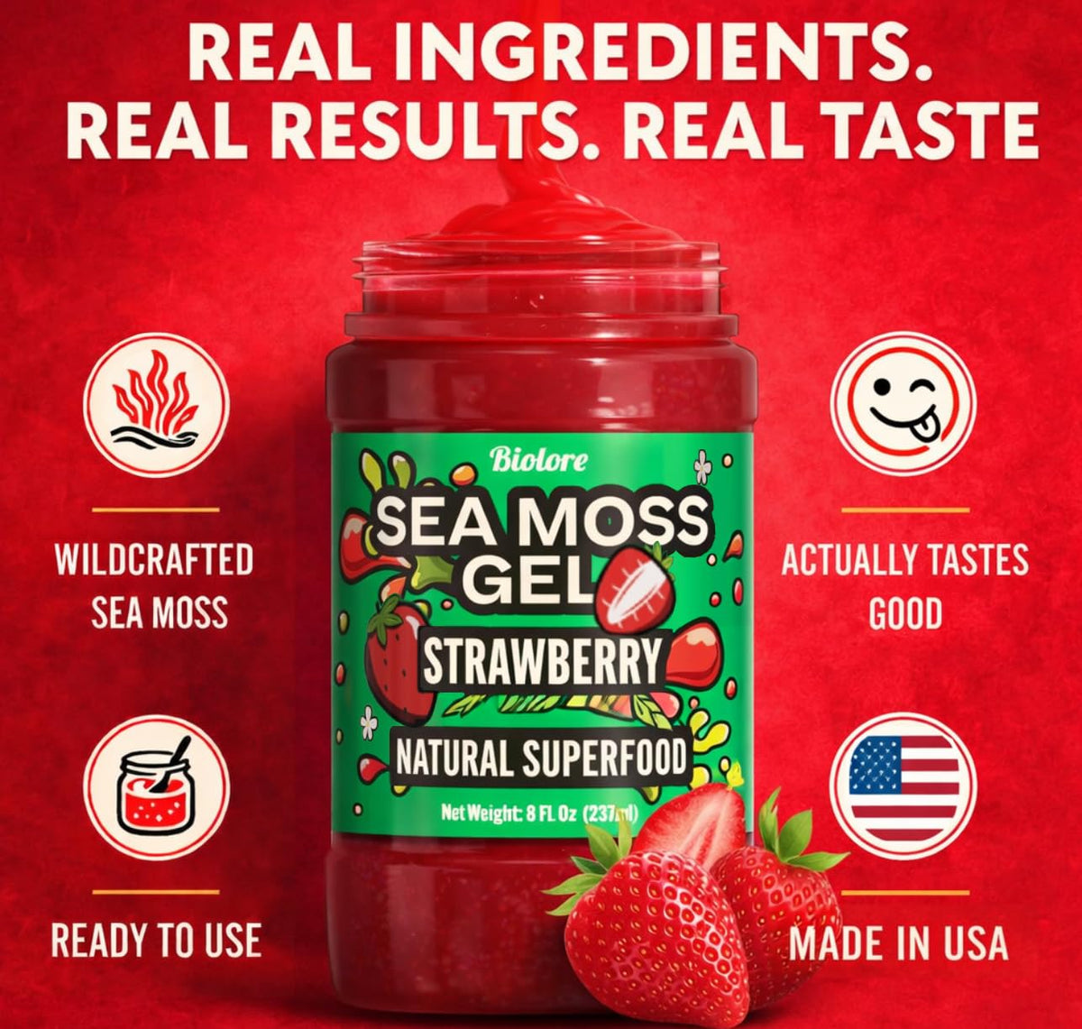 Biolore Sea Moss Gel Strawberry spoon ready serving for easy daily use.