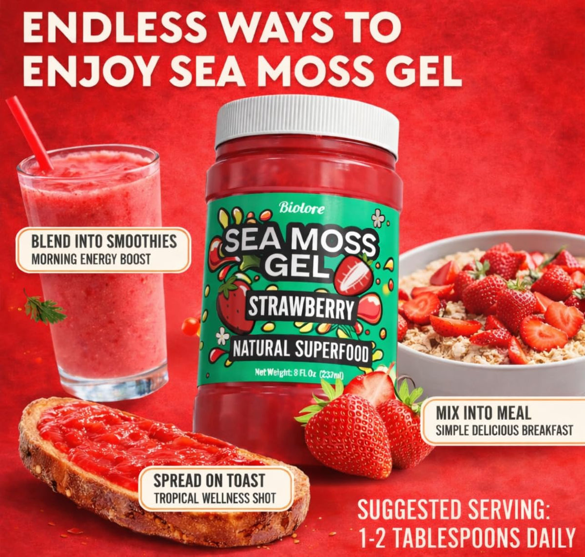 Biolore Sea Moss Gel Strawberry tub shows compact 8oz packaging.