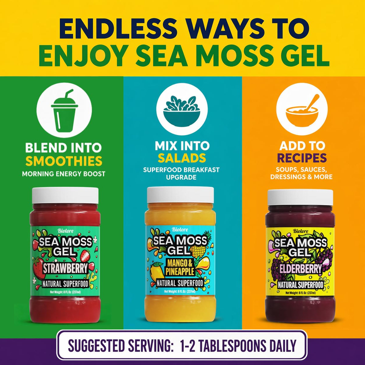Biolore Sea Moss gel close-up shows smooth texture and vibrant color.
