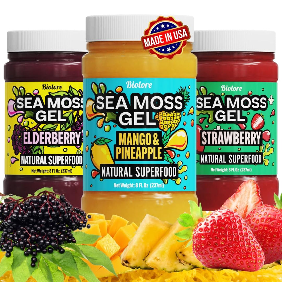 Biolore Sea Moss Gel trio box showcases three flavors for daily wellness.