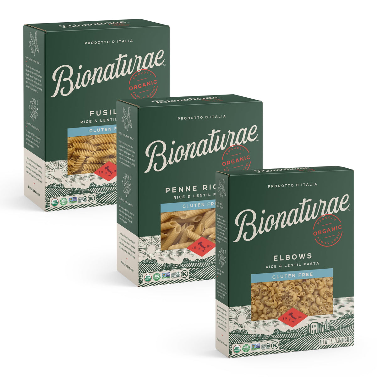 Bionaturae elbow pasta pack showing gluten-free convenience and protein