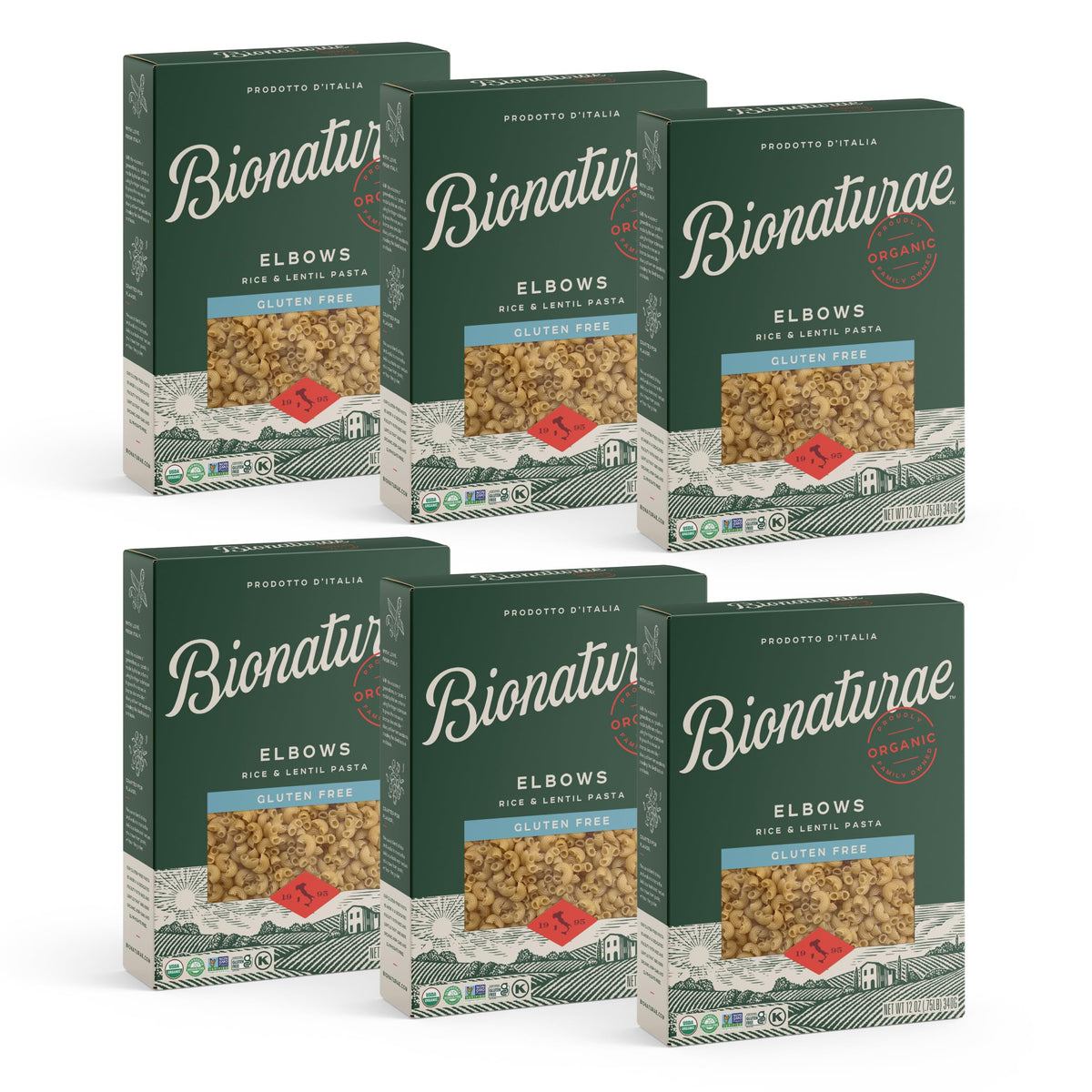Bionaturae Elbow Pasta packaging front showing gluten-free and organic promise for quick meals.