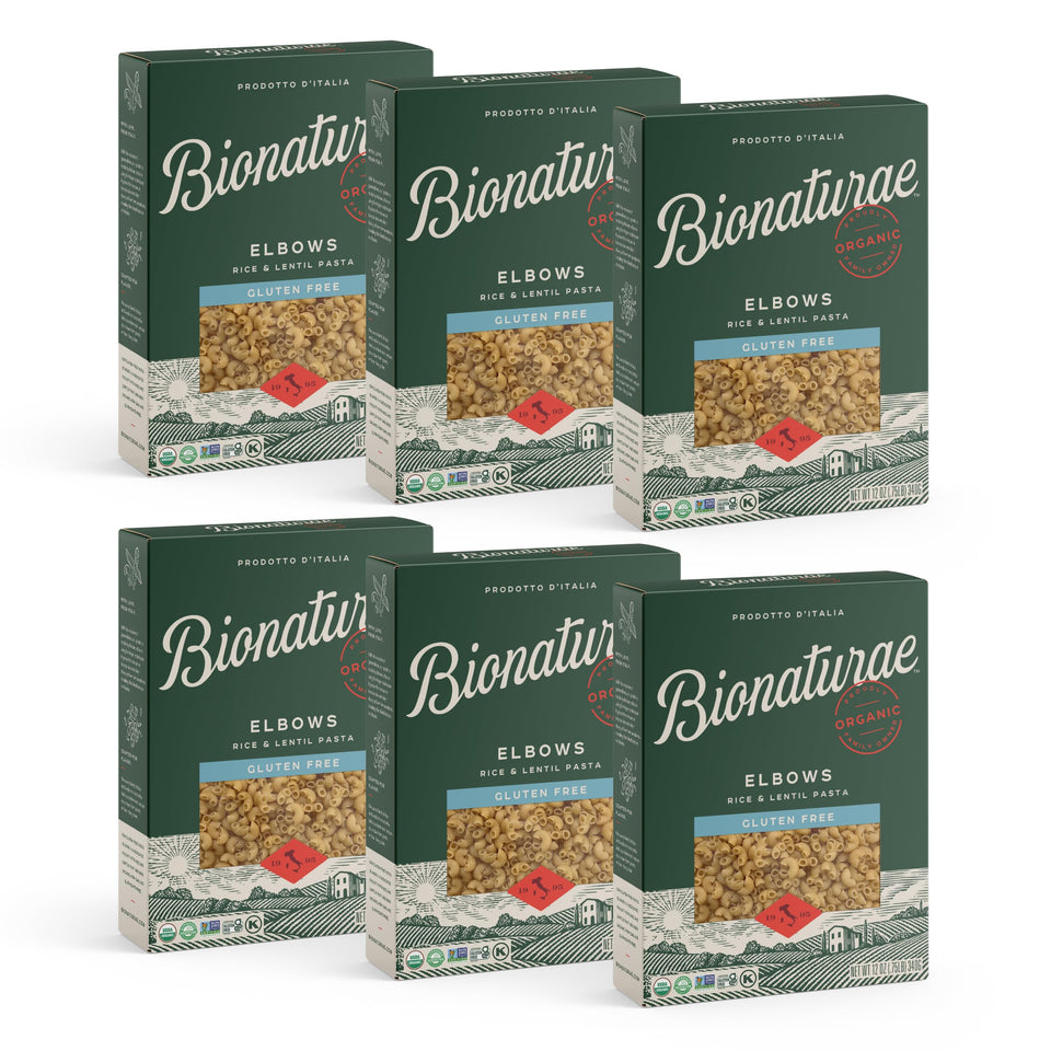 Bionaturae Elbow Pasta packaging front showing gluten-free and organic promise for quick meals.