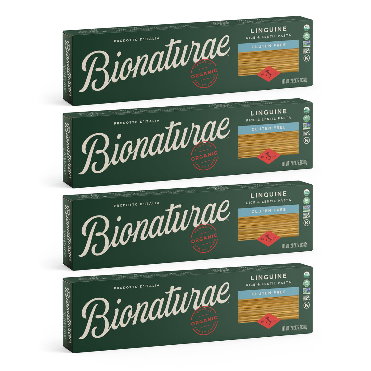 Bionaturae linguine pasta package highlights gluten-free ingredients for everyday Italian meals.