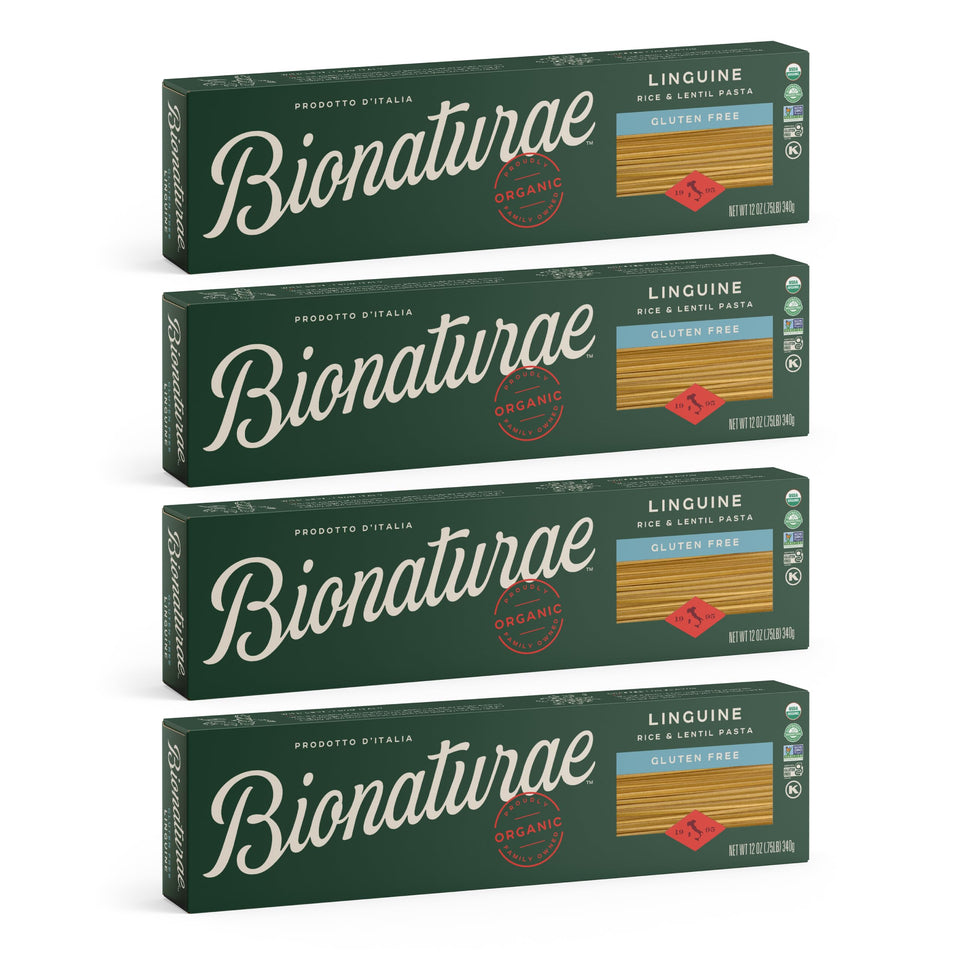 Bionaturae linguine pasta package highlights gluten-free ingredients for everyday Italian meals.