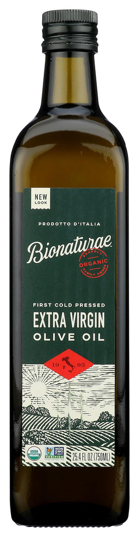 Bionaturae Organic Extra Virgin Olive Oil bottle with vibrant green-gold hue for finishing dishes