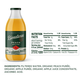 Bionaturae Organic Peach Nectar bottle on table, great for family gatherings.