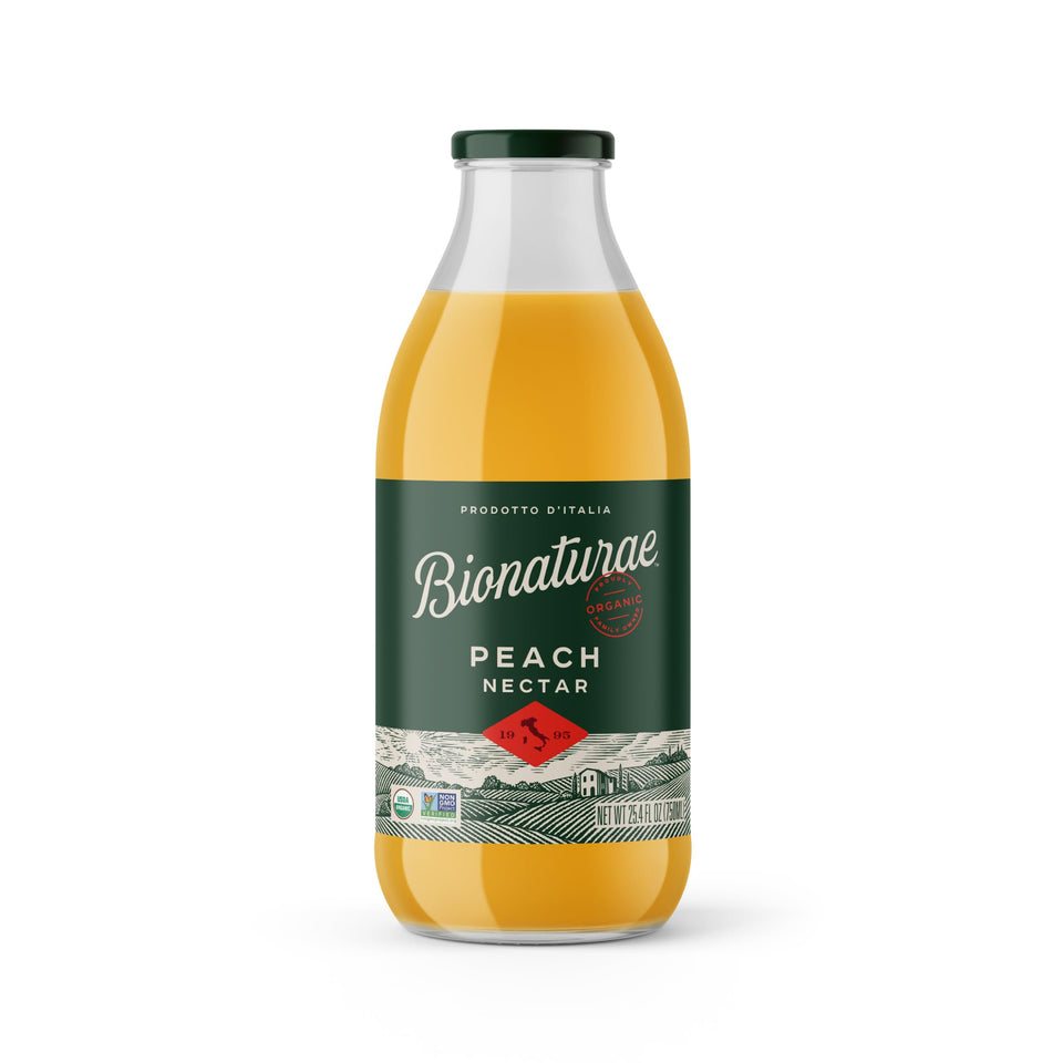 Bionaturae Organic Peach Nectar bottle ready-to-drink refreshment with no added sugar.