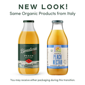 Bionaturae Organic Peach Nectar label closeup shows organic certification and Italian heritage.