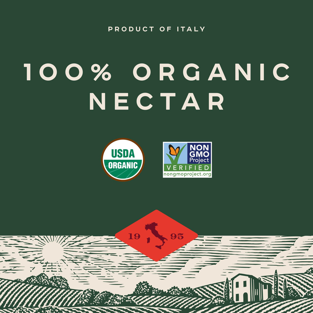 Bionaturae Organic Peach Nectar packaging shows BPA-free lid and glass packaging details.