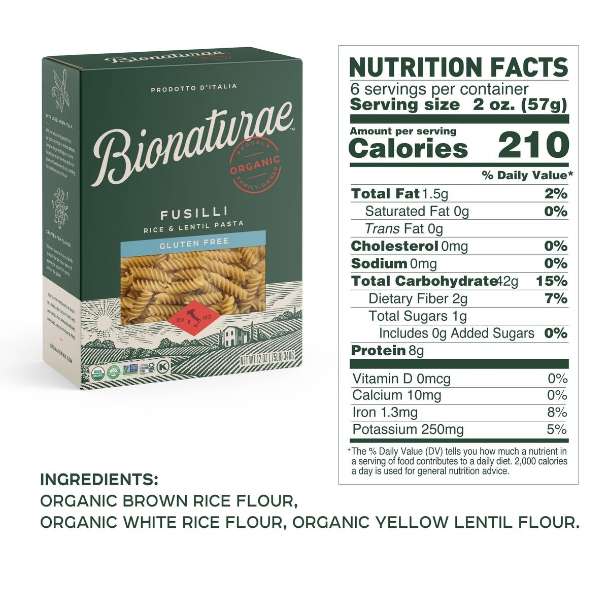 Bionaturae penne pasta pack emphasizing high protein, non-GMO ingredients