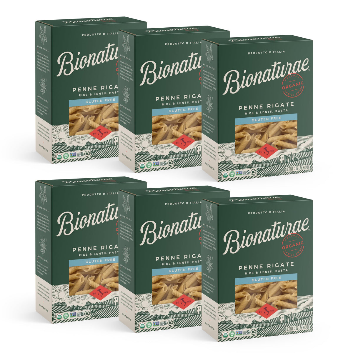 Bionaturae Penne Rigate packshot highlighting gluten-free pasta ready for sauces.