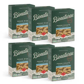 Bionaturae Penne Rigate packshot highlighting gluten-free pasta ready for sauces.
