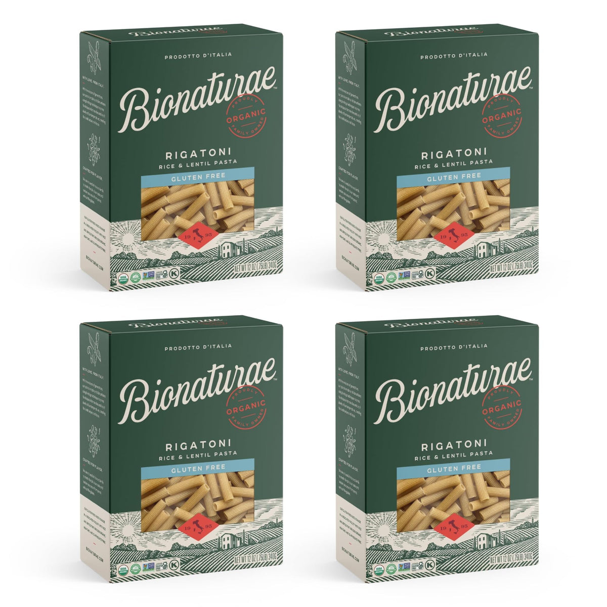 Bionaturae Rigatoni pasta packaging highlights gluten-free, high-protein noodles for versatile meals.
