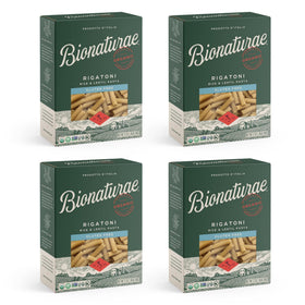 Bionaturae Rigatoni pasta packaging highlights gluten-free, high-protein noodles for versatile meals.