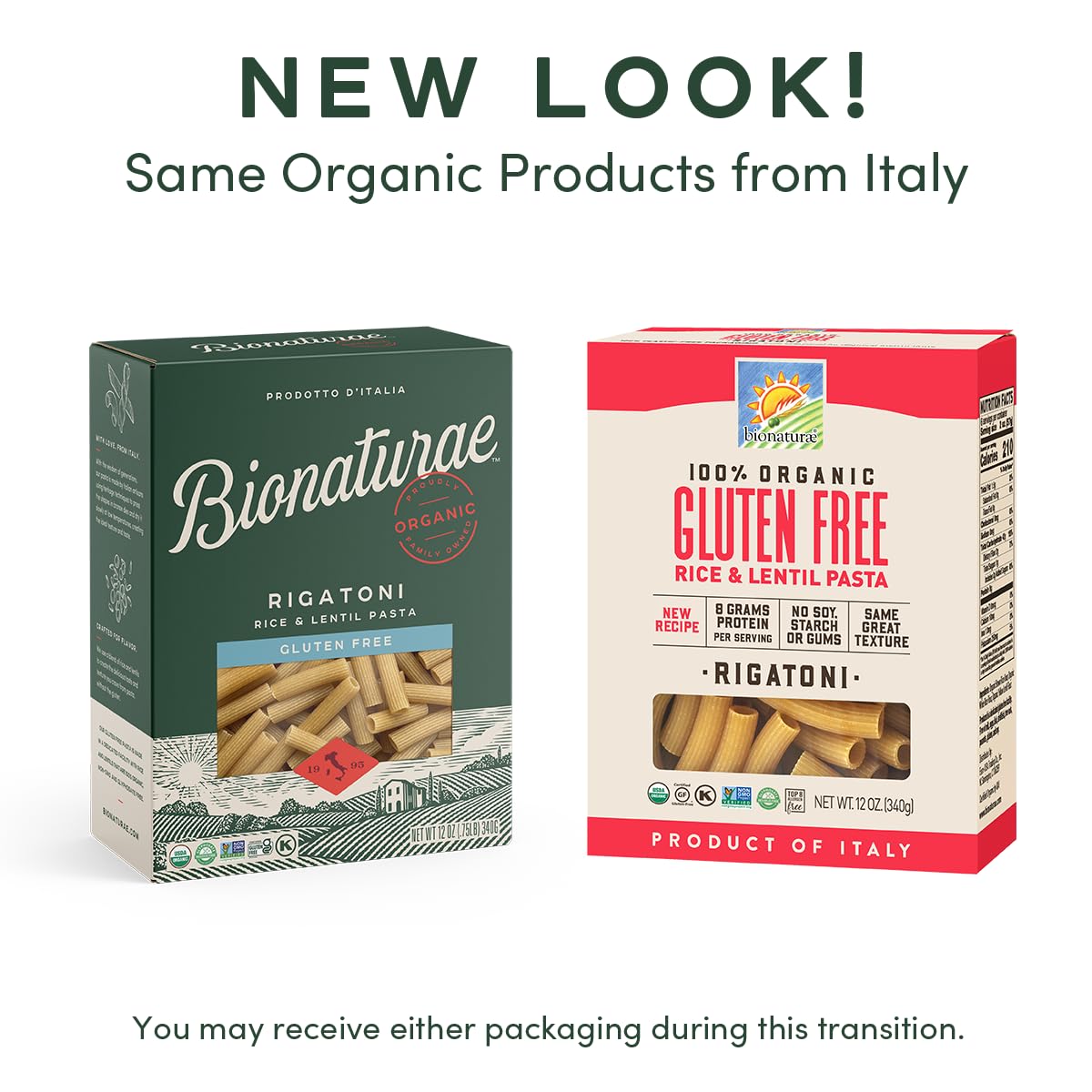 Bionaturae Rigatoni uncooked bowl emphasizes rice-and-lentil blend for protein-rich meals.