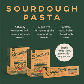 Bionaturae ready-to-serve pasta plated with sauce, appetizing and well balanced.