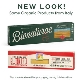 Bionaturae gluten-free spaghetti packaging, 12 oz per pack, ready to cook.