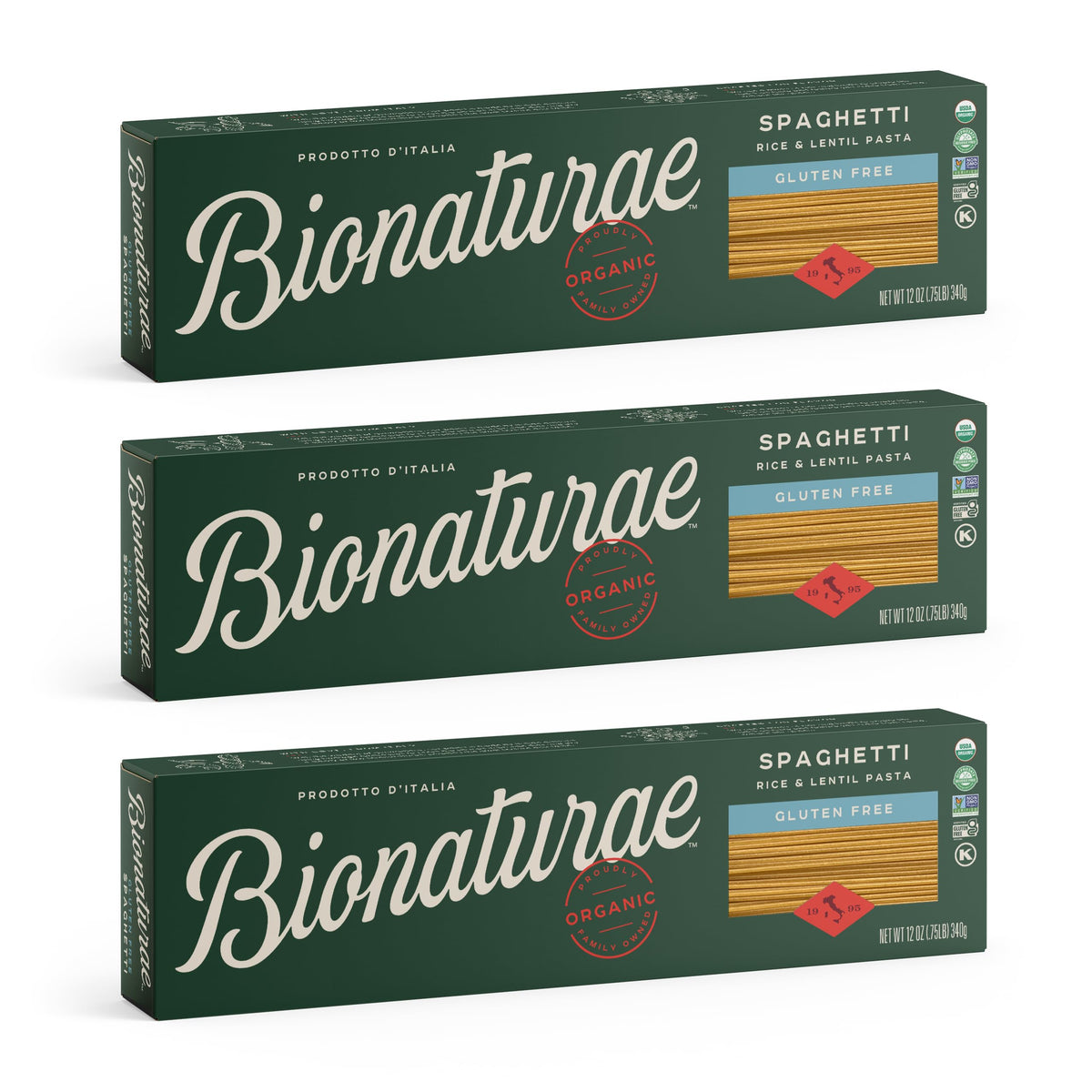 Bionaturae spaghetti pasta in a bowl, gluten-free with rice and lentils.