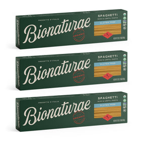 Bionaturae spaghetti pasta in a bowl, gluten-free with rice and lentils.