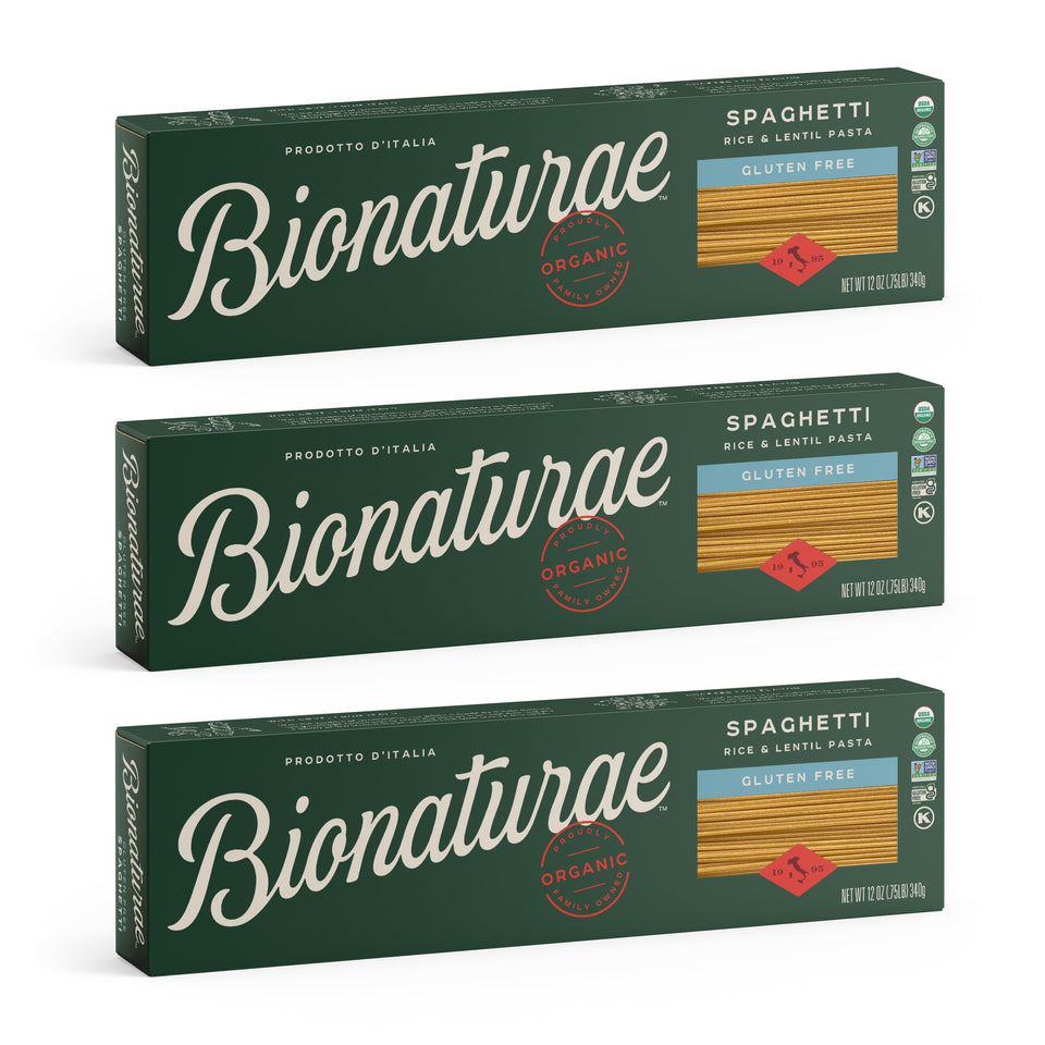 Bionaturae spaghetti pasta in a bowl, gluten-free with rice and lentils.