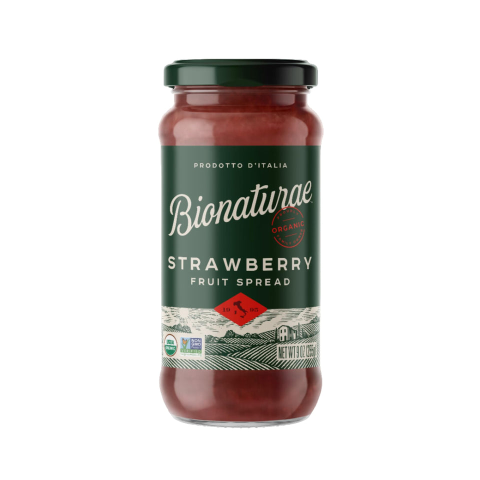 Bionaturae strawberry spread jar on toast, no added sugar.