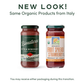Spoon of Bionaturae strawberry spread preserves vivid color and flavor.