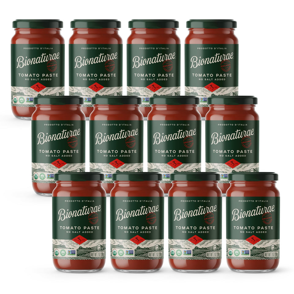 Bionaturae Organic Tomato Paste glass jar with no salt for easy cooking.