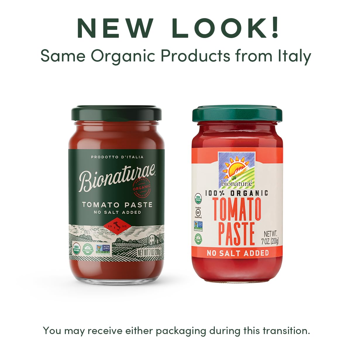 Bionaturae tomato paste label close-up showing organic certification and non-GMO claim.