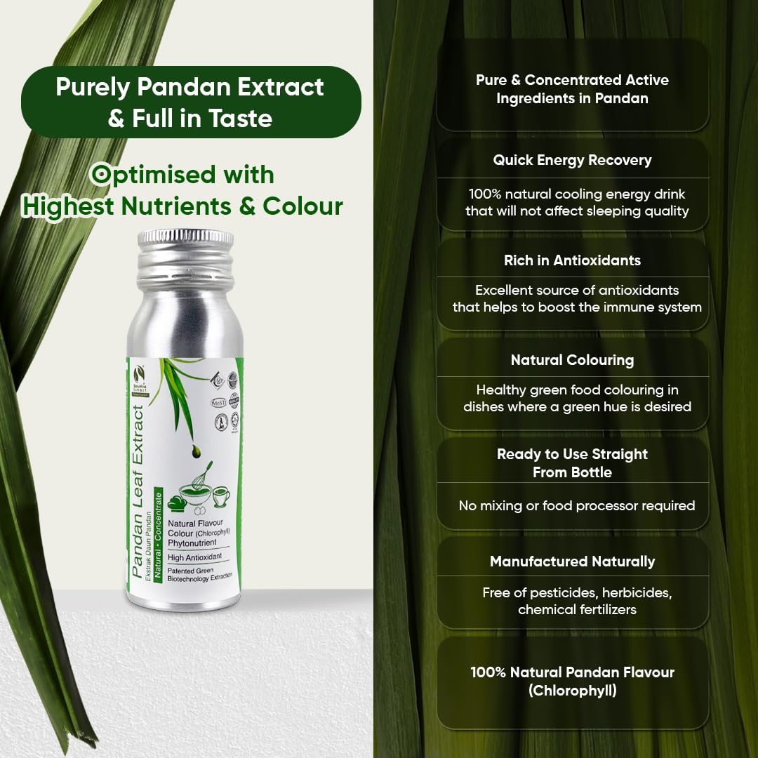 BIONUTRICIA EXTRACT pandan drops amber liquid for versatile beverages.