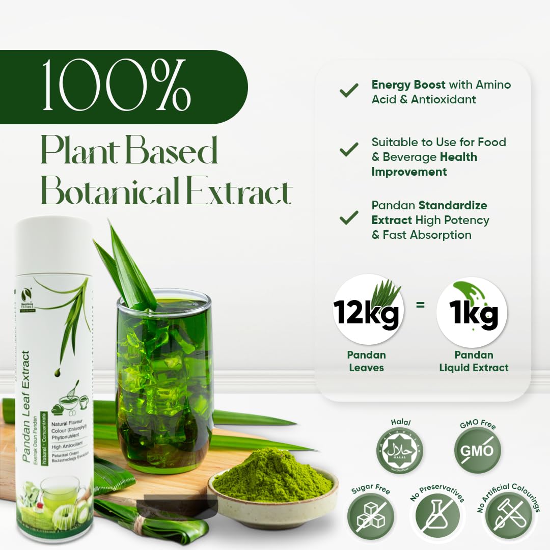 Pouring Bionutricia Extract pandan concentrate for quick, easy flavoring in beverages.