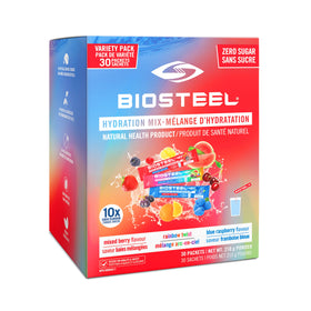 BIOSTEEL Electrolytes Variety Pack front label showing zero sugar hydration for active days.