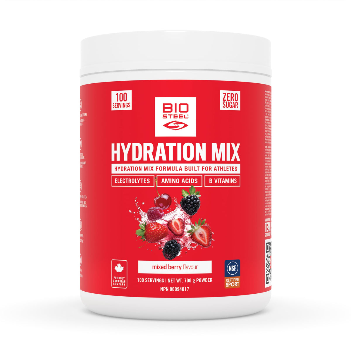 Biosteel Zero Sugar Hydration Mix berry tub showcasing clean ingredients for guilt-free refreshment.