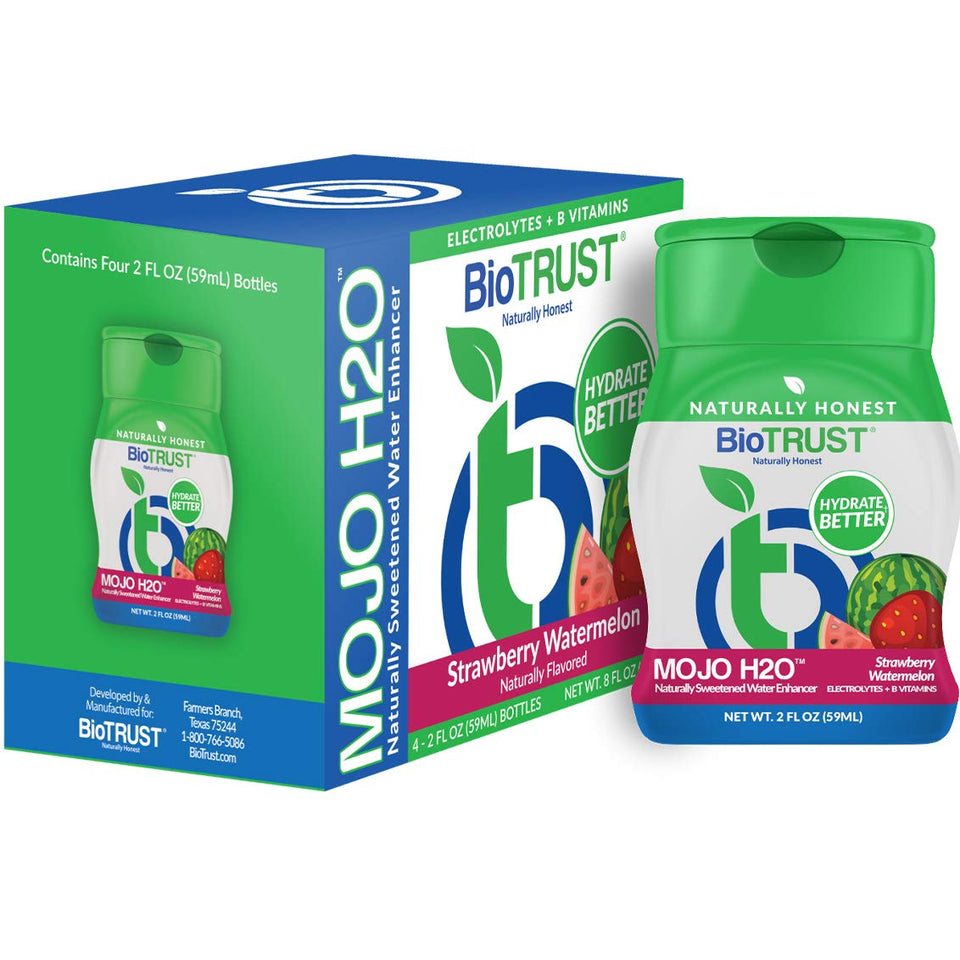 BioTrust Mojo H2O bottle with strawberry-watermelon flavor for refreshing hydration.