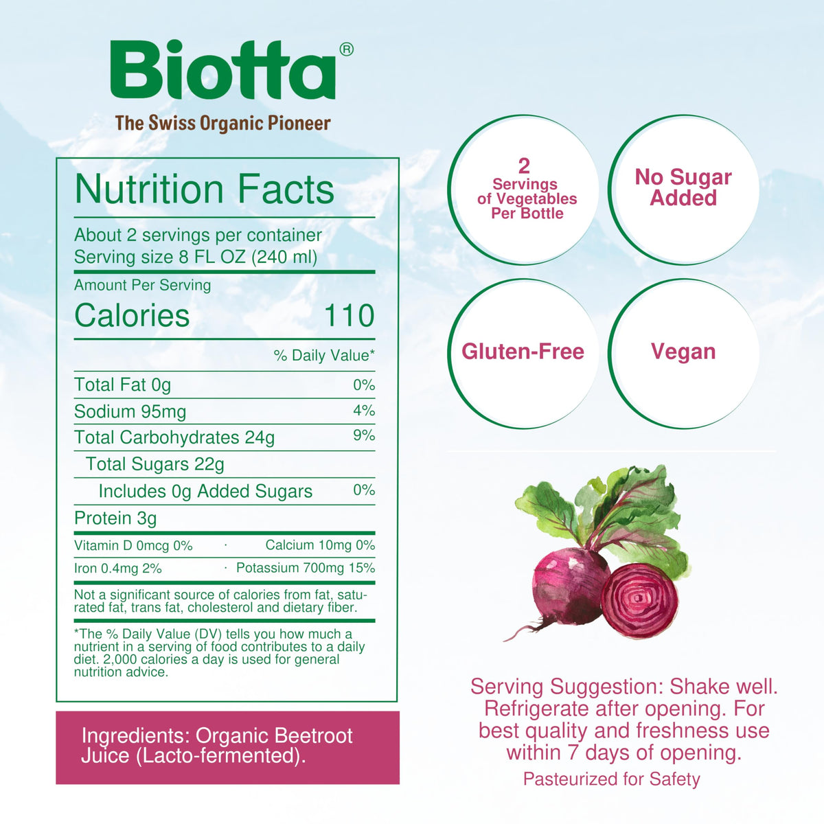 Biotta Beet Juice glass on wood surface evokes everyday vitality.