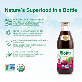 Biotta Beet Juice pouring into glass for quick energy boost.