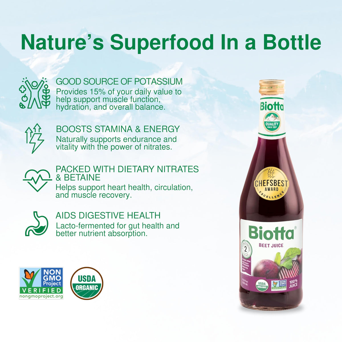 Biotta Beet Root close-up highlights natural ingredients and vibrant color.