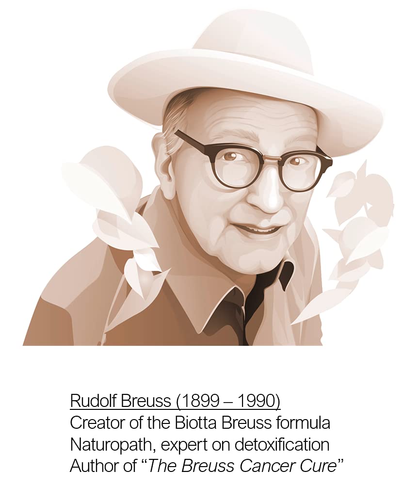 Biotta Breuss bottle close-up highlights 100% juice and natural ingredients