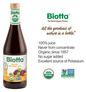 Biotta Breuss juice pack back view shows certifications and sustainability information