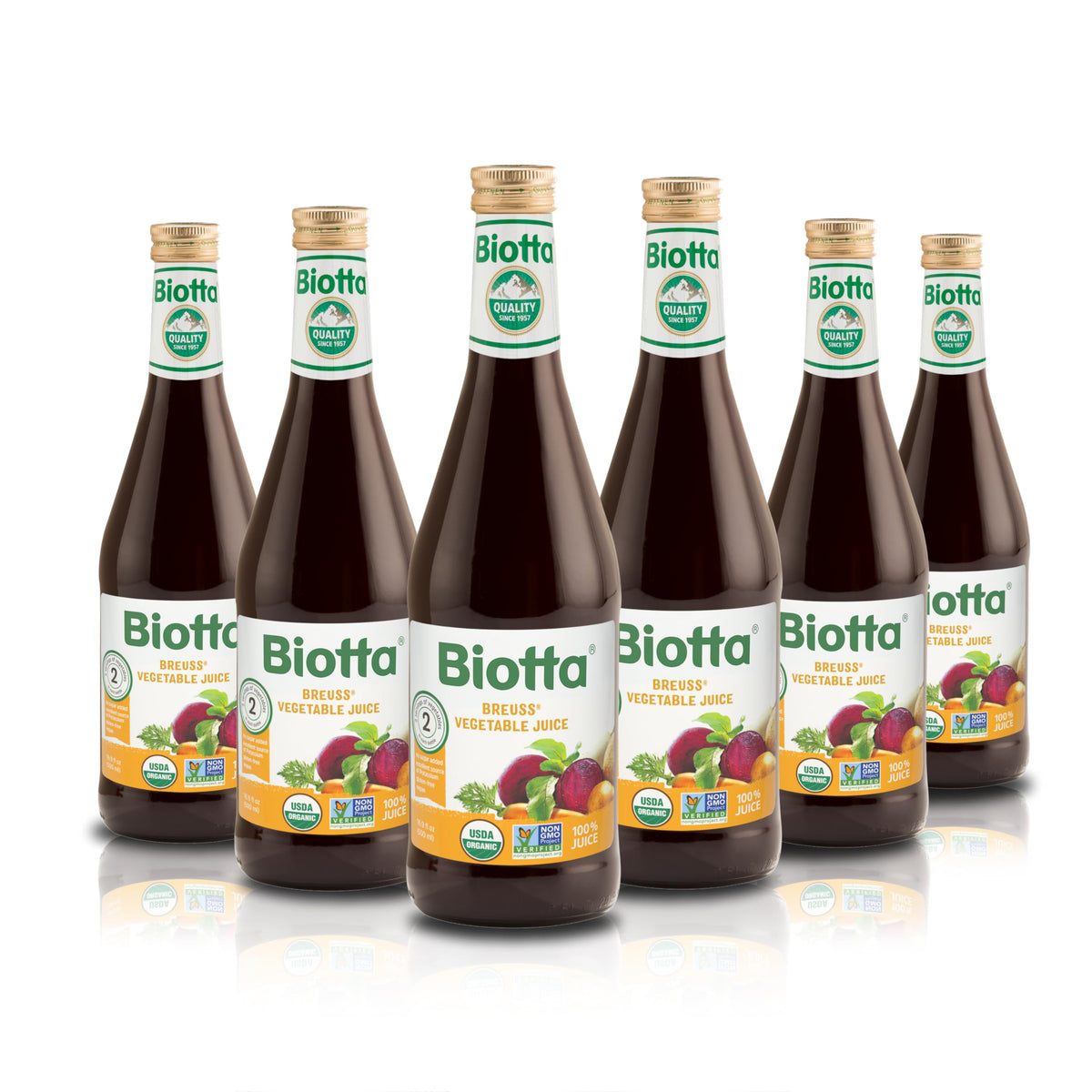 Biotta Breuss juice pack front view with six organic bottles in a clean display