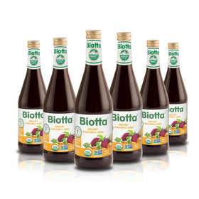 Biotta Breuss juice pack front view with six organic bottles in a clean display