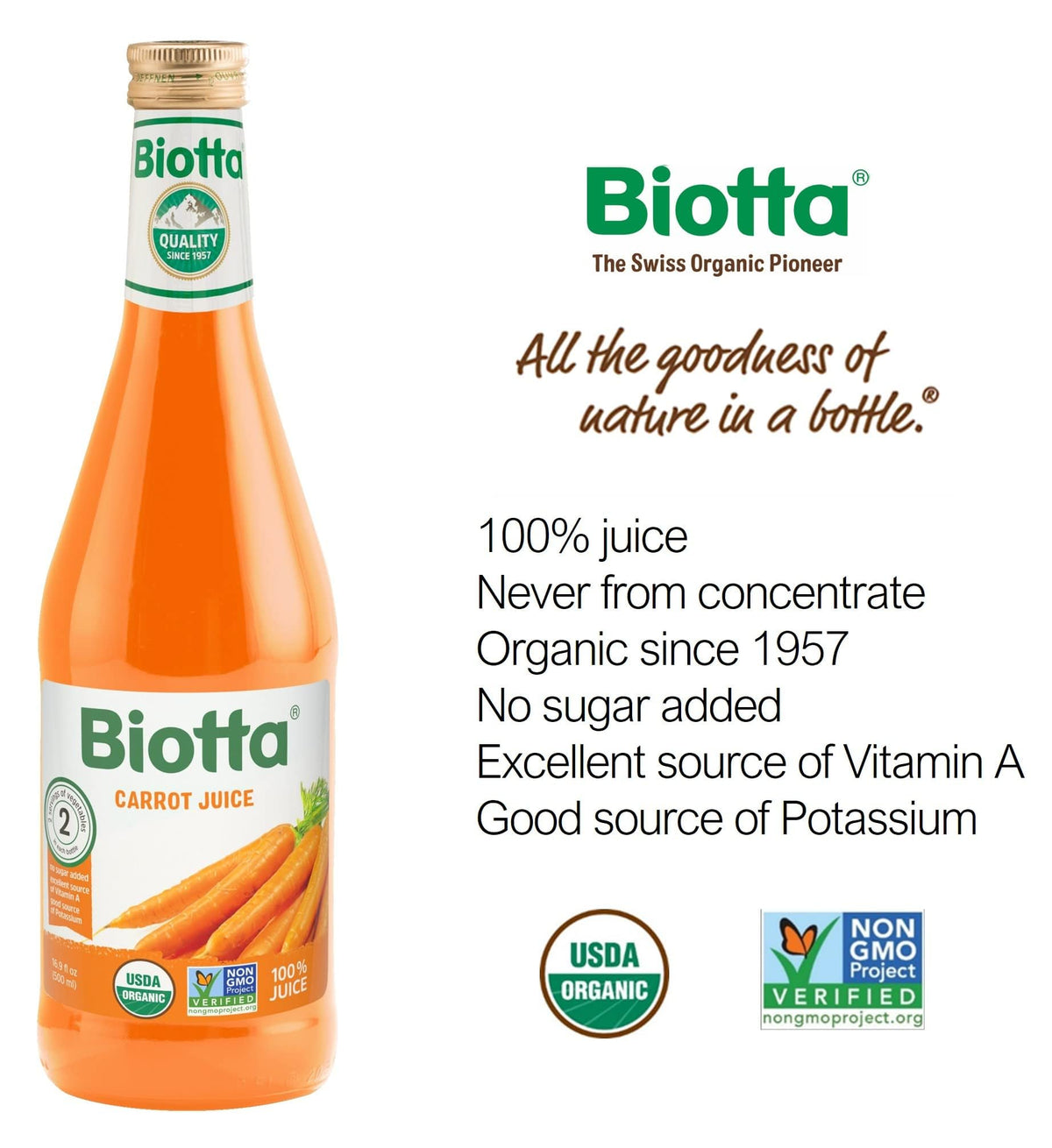 Biotta Carrot Juice label close-up emphasizing organic, non-GMO status and pure ingredients.