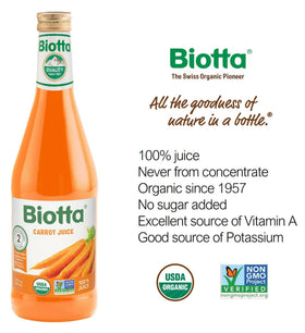Biotta Carrot Juice label close-up emphasizing organic, non-GMO status and pure ingredients.