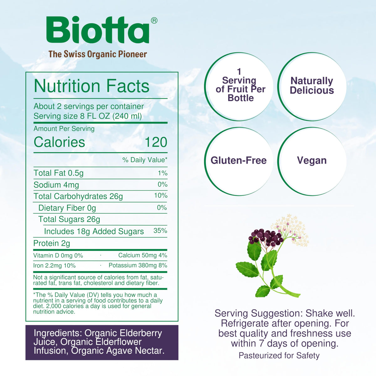 Biotta glass with elderberry juice, vibrant color.