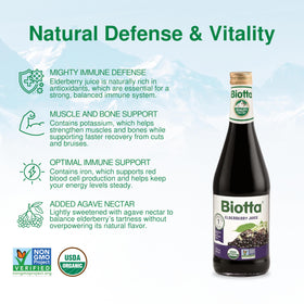 Biotta elderberry juice label close-up showing organic, non-GMO ingredients.